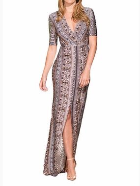ALLOY Brown and Navy Paisley Wrap-Style Maxi Dress